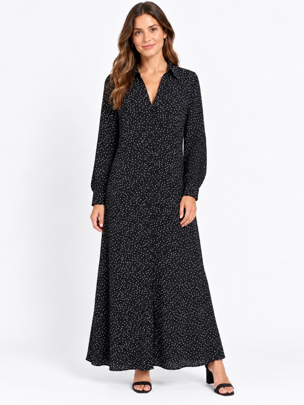 MNG by Mango Black White Polka Dot Button Front Maxi Shirt Dress Size 10